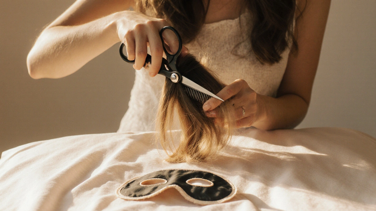 Žena stříhá rozdvojené končetiny vlasů při měkkém světle
