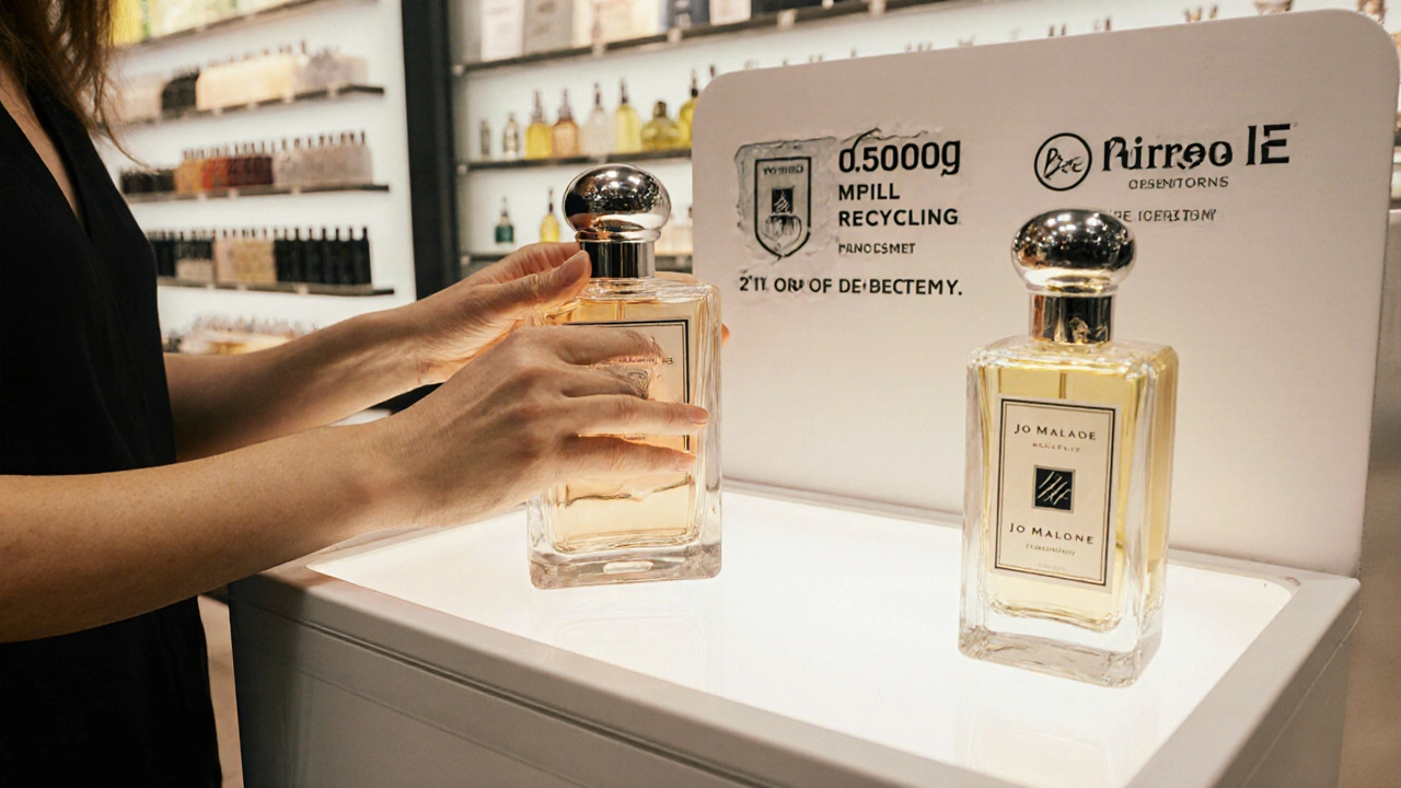 Žena ukládá starý parfém do sběrného kontejneru pro kosmetiku, vedle ní nová lahvička.