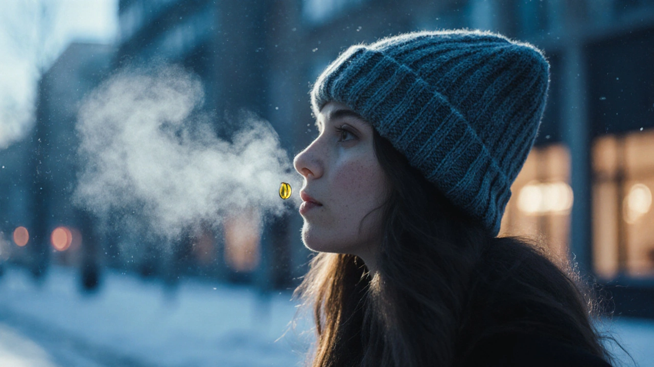 Žena v zimním klobouku s kapkou oleje na koncích vlasů, venku v chladném ovzduší.