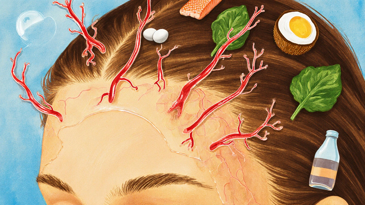 Zvětšený pohled na kůži hlavy s krevními cévami živícími vlasové folikuly, symbolizující vnitřní výživu.