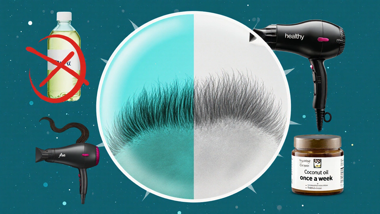 Zvětšený pohled na zdravou a poškozenou kůru vlasu s přírodními prvky.