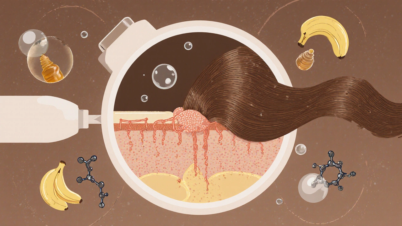 Zvětšený vlas s poškozenými a hydratovanými částmi, s molekulami hydratačních látek.