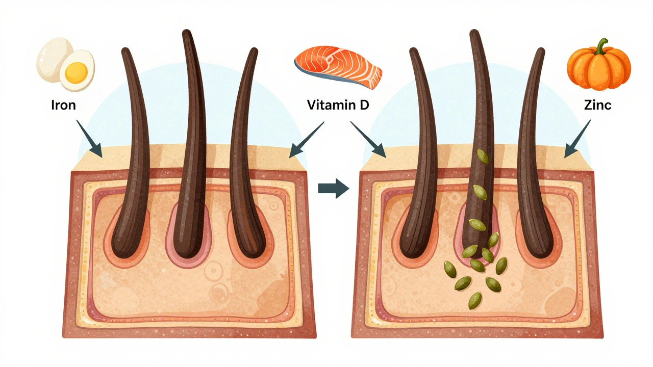 Křížový řez vlasových folikulů s přívodem živin z železa, vitamínu D a zinku.