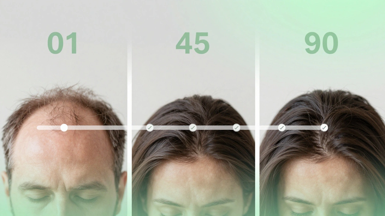 Tři fáze růstu vlasů během 90 dní: řídké vlasy, jemný chloupky, viditelné nové vlásky.